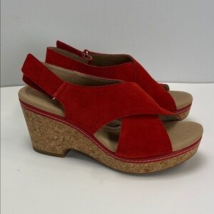 Clarks Womens Giselle Cove Sandals Red Suede Leather Cork Chunky Wedge 8